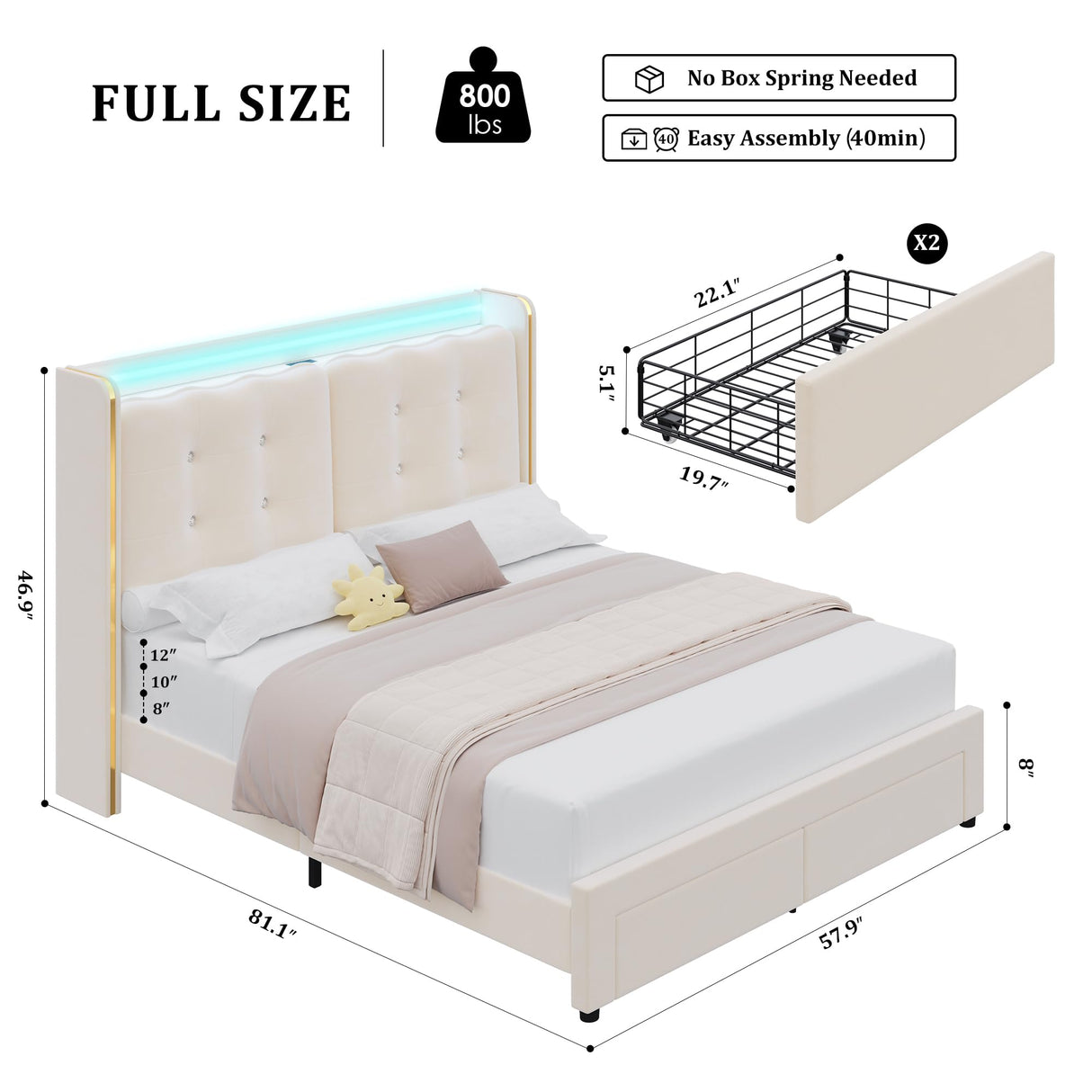 HITHOS Upholstered Full Led Bed Frame with Charging Station and Storage Drawers, Velvet Princess Platform Bed Frames with Crystal-Button Tufted Headboard for Girls and Kids, No Box Spring Need, Beige HITHOS