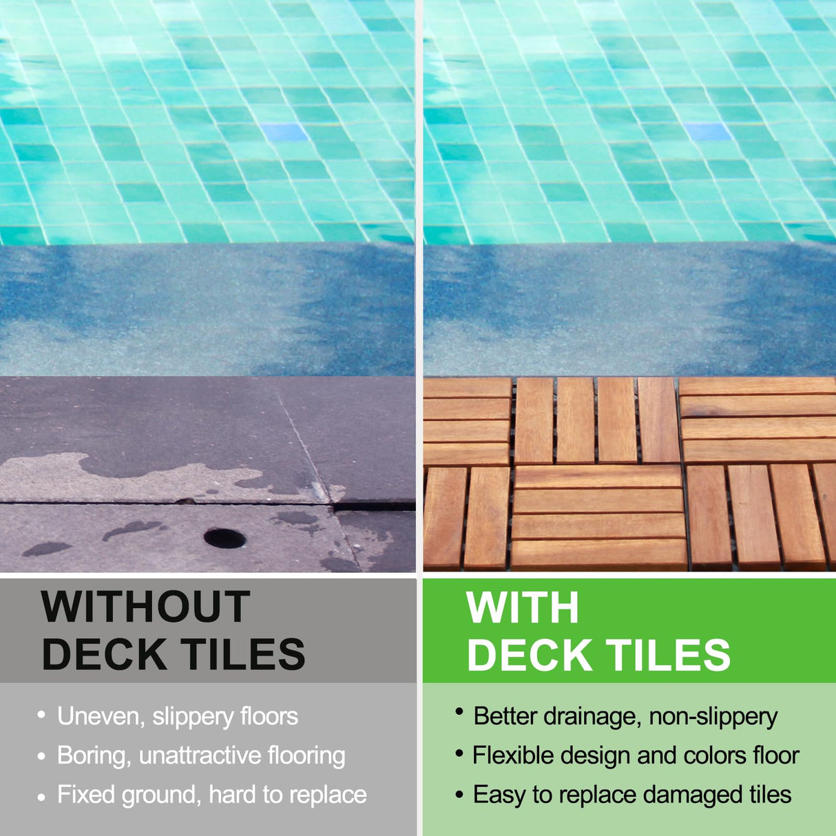 CLOVERHOLM Interlocking Deck Tiles-10PCS Waterproof Acacia Wood Patio Tiles, Easy Snap Flooring Tiles for Indoor and Outdoor,Balcony, Entry, Poolside Tiles, 12”x12”, 10sq.ft per Box, Natural CLOVERHOLM