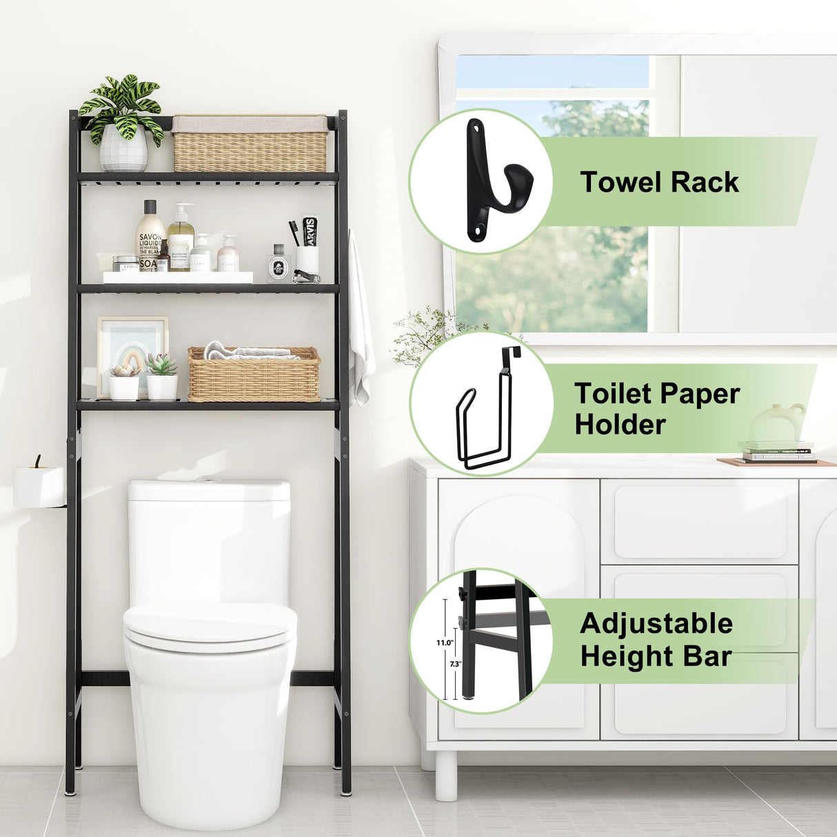 MallKing Over The Toilet Storage, Wooden 3-Tier Over-The-Toilet Rack Bathroom Space Saver Organizer, Freestanding Above Toilet with Toilet Paper Holder and Hooks (Black) MallKing