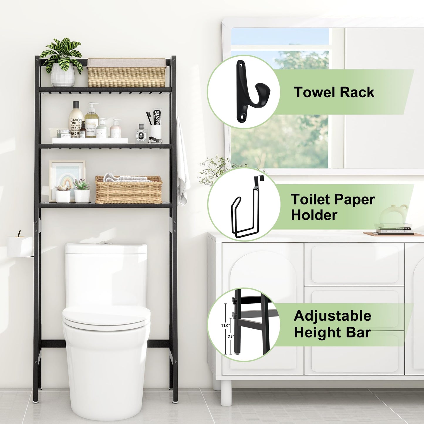 MallKing Over The Toilet Storage, Wooden 3-Tier Over-The-Toilet Rack Bathroom Space Saver Organizer, Freestanding Above Toilet with Toilet Paper Holder and Hooks (Black)