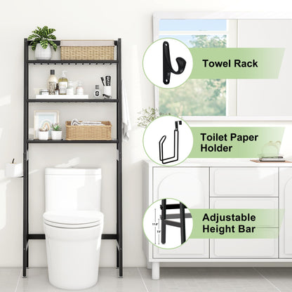 MallKing Over The Toilet Storage, Wooden 3-Tier Over-The-Toilet Rack Bathroom Space Saver Organizer, Freestanding Above Toilet with Toilet Paper Holder and Hooks (Black)