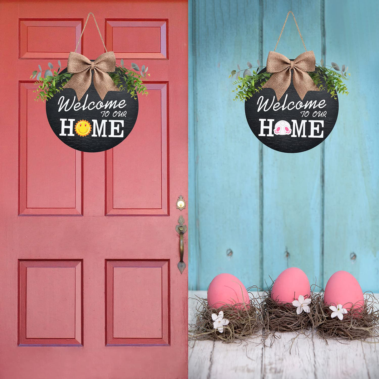 Interchangeable Welcome Home Sign, Seasonal Front Porch Door Decor With 21 Changeable Seasonal Icons for Halloween/Christmas/Independence Day, Rustic Wood Wreaths for Housewarming Gift (12") (Black) KIDNEAR