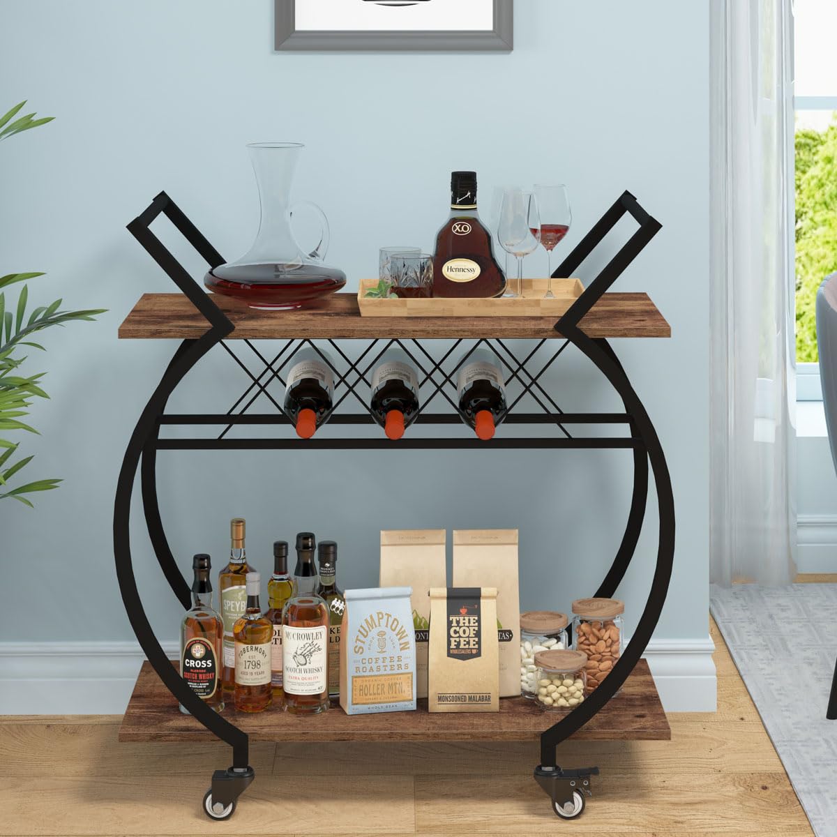 LVB Industrial Kitchen Bar Cart, Farmhouse Beverage Serving Liquor Cart with Wheels, Wood and Metal Rolling Wine Cart with Storage Shelf, Microwave Drink Cart for Home Living Dining Room, Rustic Brown