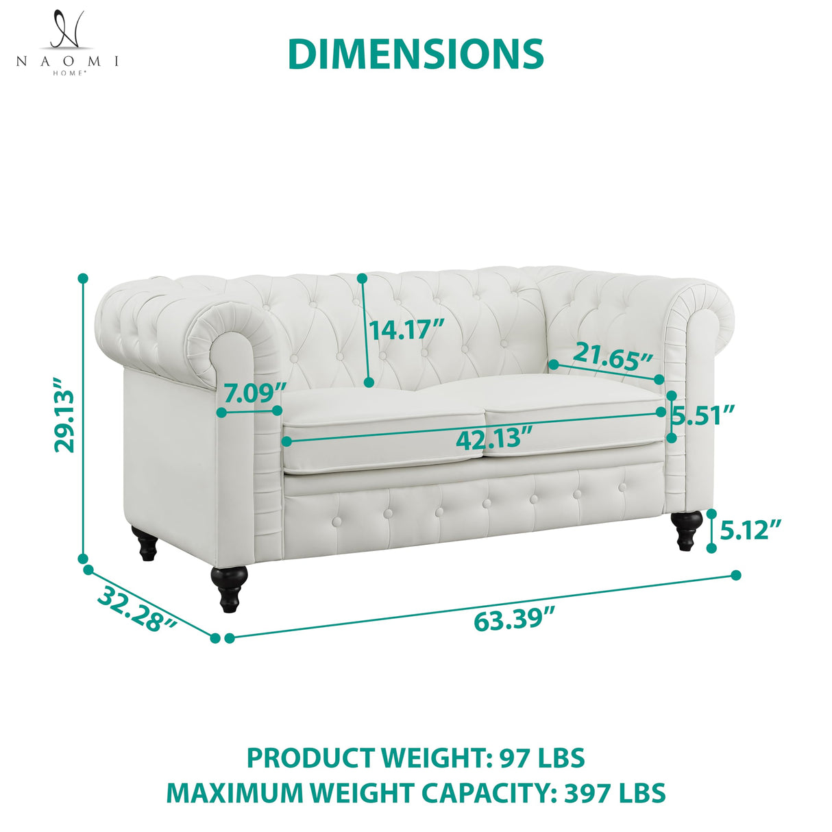 Naomi Home Emery Chesterfield Leather Loveseat, Mini Sofa Sleeper Loveseat, Small Sofa Bed with Rolled Arms, Tufted Cushions 2 Seater Sectional Small Loveseat for Small Spaces, Living Room Off White Naomi Home