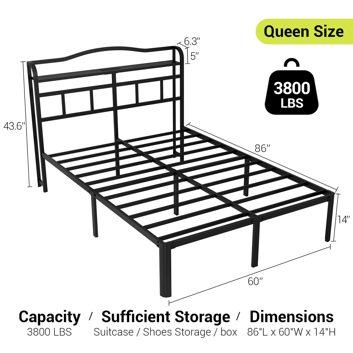 UOMEUR Metal Bed Frame with Headboard and USB & Type C Charging Station, Heavy Duty Metal Bed Frame No Box Spring Needed with Ample Storage Space - Easy Assembly and Noise Free (Black, Queen) UOMEUR