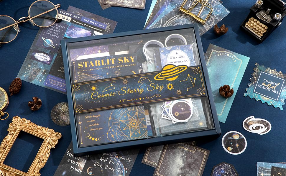 icceemee Scrapbooking Supplies Kit, Blue Starry Sky Scrapbooking Kit for Bullet Junk Journaling, Stationery, A6 Grid Notebook, Floral DIY Note-Taking Supplies, Birthday Craft Gift for Teen Girls icceemee