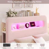 HOSTACK Queen LED Bed Frame with Storage Headboard and Charging Station, Girls Bed Frame with 2 Drawers and USB Ports, Velvet Upholstered Platform Bed Frame with Bookcase, No Box Spring Needed, Pink HOSTACK