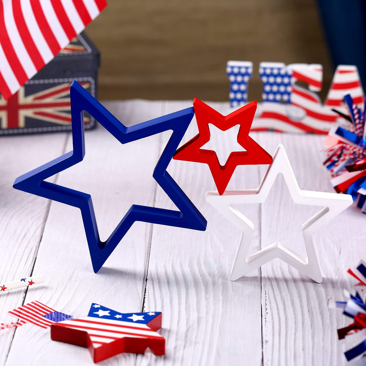 Blulu 3 Pieces Patriotic Decoration Wooden Star Sign Memorial Day Table Decor 4th of July Centerpiece Star Independence Day Tiered Tray Decor for Table Home (White,Blue,Red) Blulu