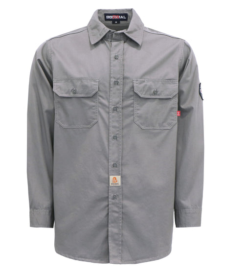 BOCOMAL FR 6.25oz Lightweight Summer Welding Shirt - Flame Resistant, Relaxed Fit, Cotton, Long Sleeve, Button Down Collar, Light Gray BOCOMAL
