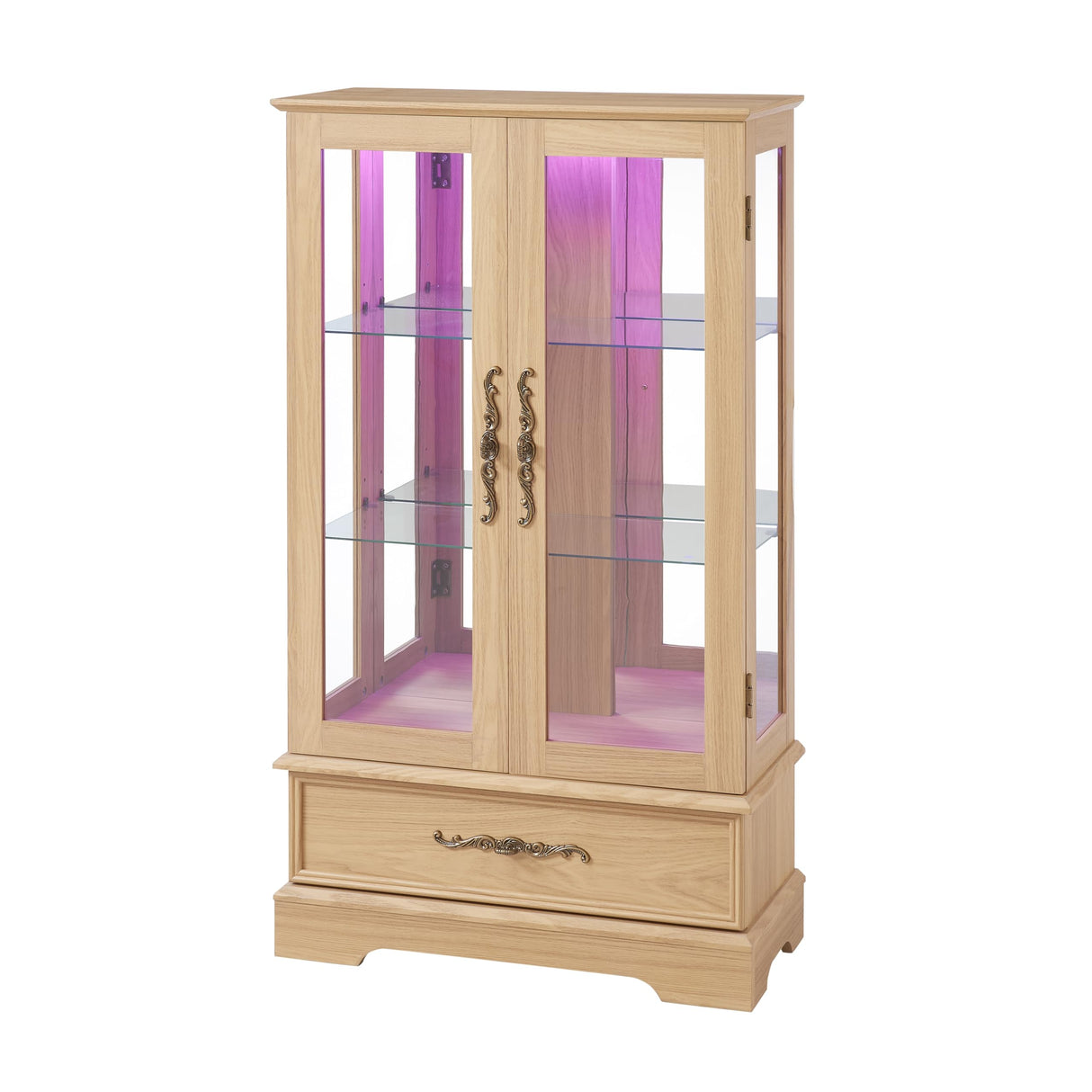 Lighted Glass Curio Display Cabinet with Adjustable Shelves - 2 Doors, 1 Drawer, LED Lights, Elegant Light Oak Finish Generic