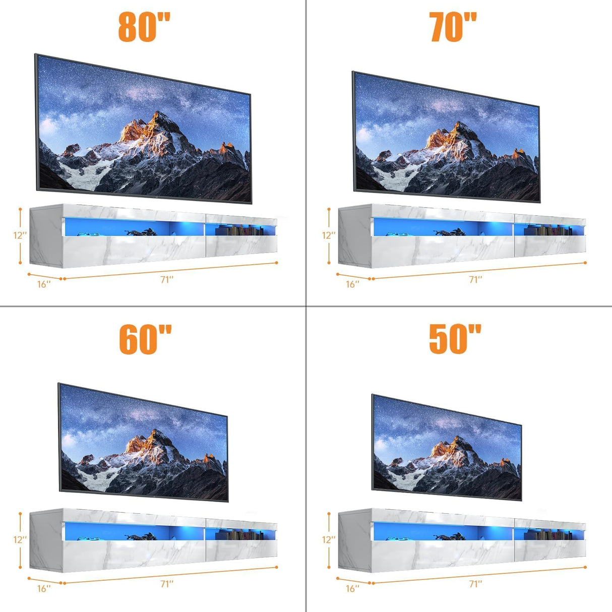 Floating TV Stand Wall Mounted with Power Outlet, Modern Floating Entertainment Center for 80 Inch TV, High Gloss Floating TV Shelf with LED Lights for Living Room, Bedroom, Marble White Doredo