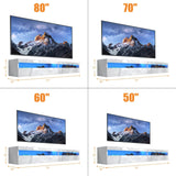 Floating TV Stand Wall Mounted with Power Outlet, Modern Floating Entertainment Center for 80 Inch TV, High Gloss Floating TV Shelf with LED Lights for Living Room, Bedroom, Marble White Doredo