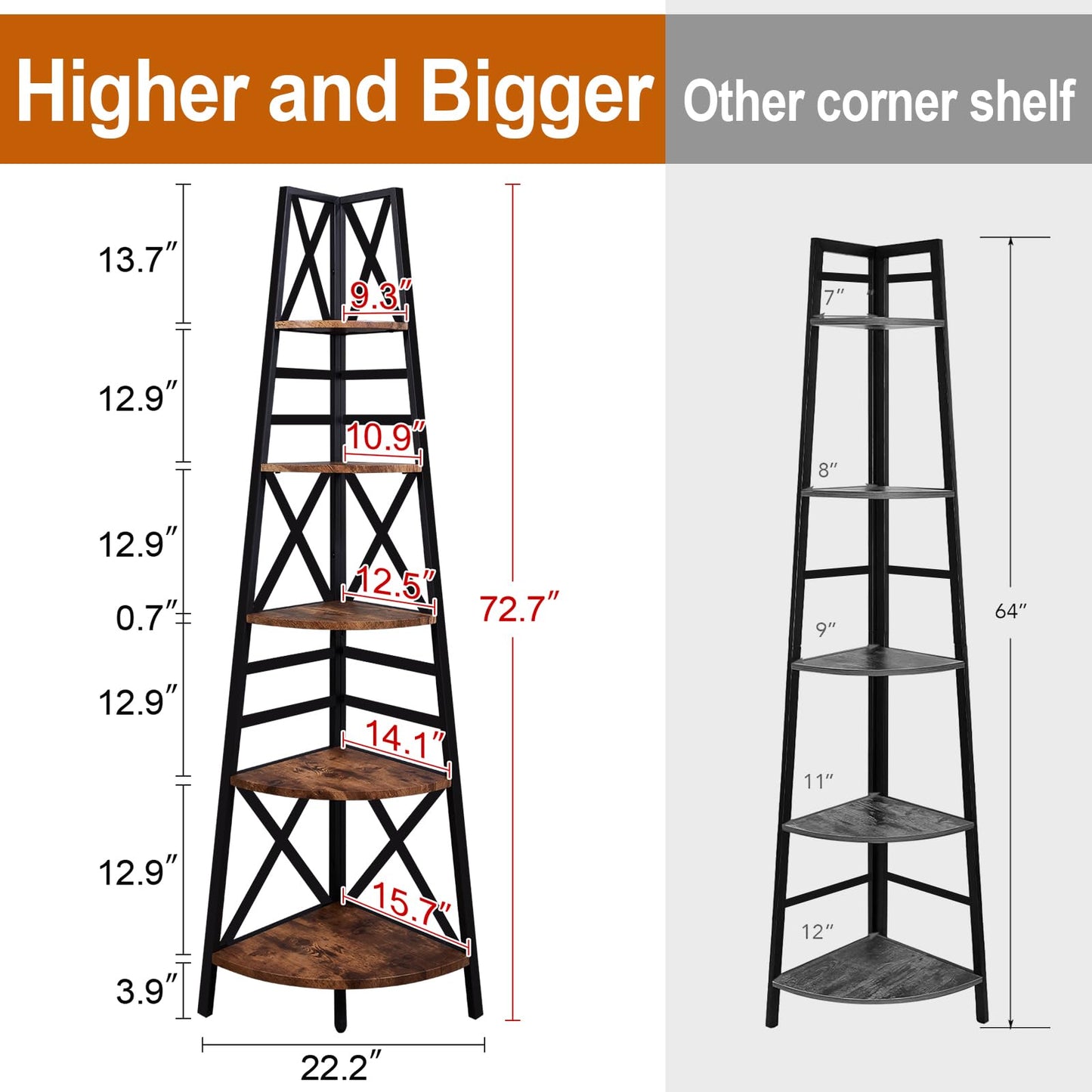 HOMBAZAAR 72-Inch Rustic Brown 5-Tier Corner Bookshelf with Metal Frame - WoodArtSupply