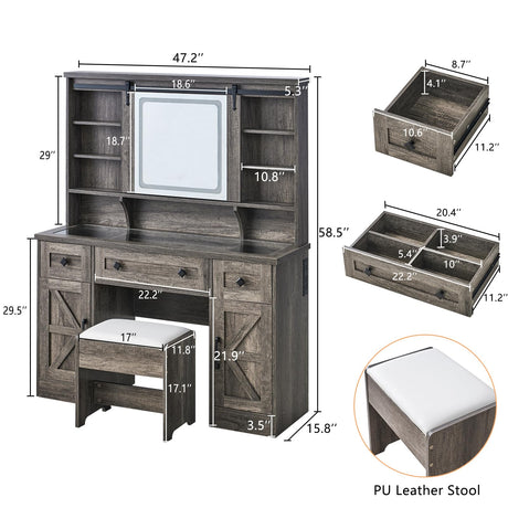 AMERLIFE 47.2" Farmhouse Vanity Desk with Mirror and Lights, Rustic Makeup Vanity Table with Charging Station, Vanity Set with Stool & Storage, LED Sliding Mirror & Glass Top, Dark Oak Finish AMERLIFE