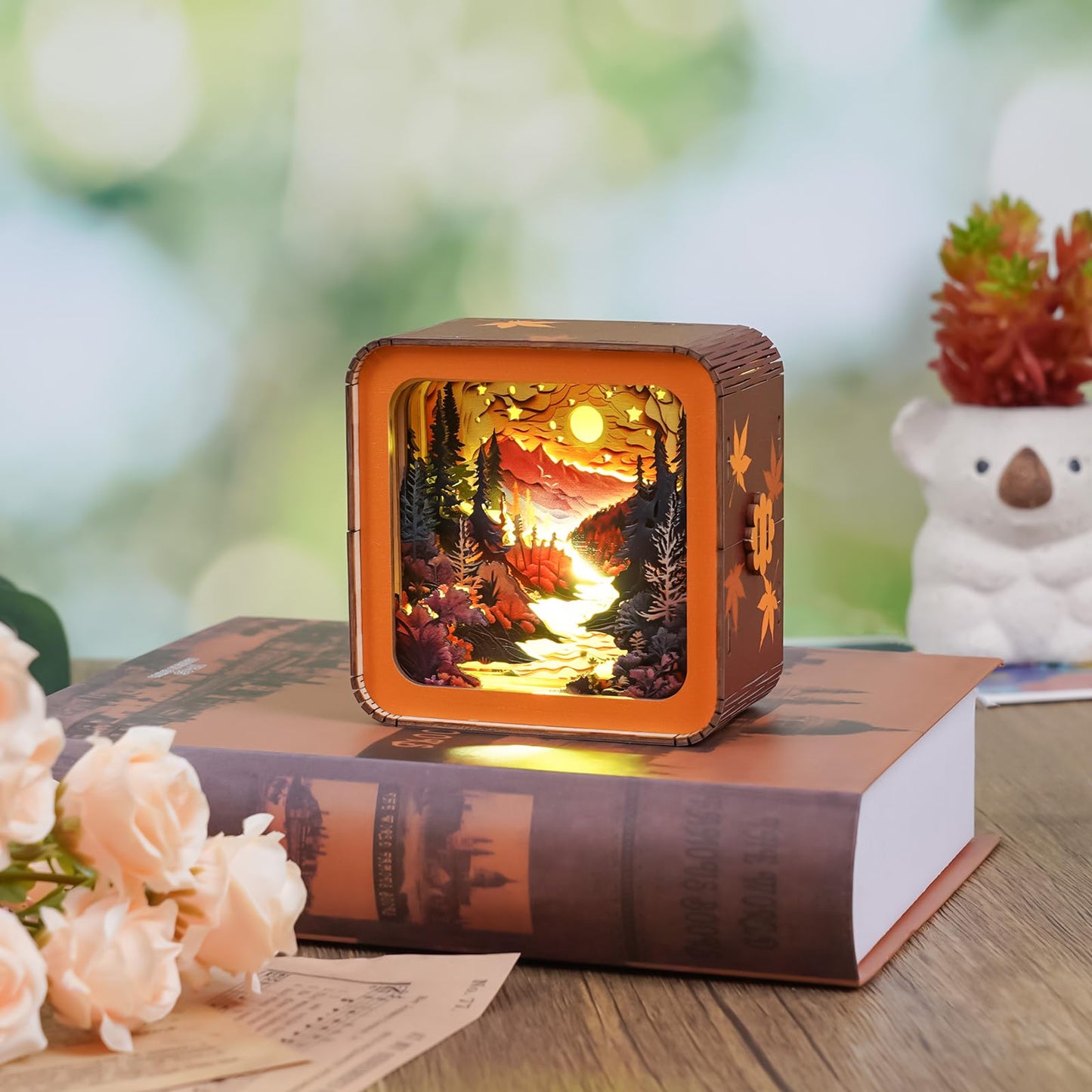 3D Wooden Puzzle Night Light, Sunset Maple Forest DIY Puzzles for Adults, Eye Care Night Light with Touchable Switch, Personalized Gifts for Family Friend DIY Puzzle Lover - WoodArtSupply