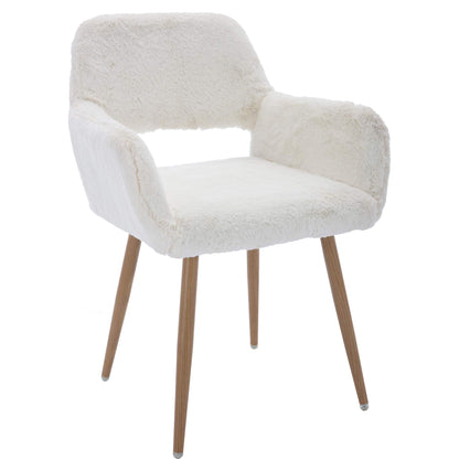 KCC Furry Desk Chair, Mid-Century Modern Accent Comfy Armchair with Faux Fur for Teen Girls, Wood Look Metal Legs Living Dining Room, Home Vanity Makeup Office No Wheel, White.