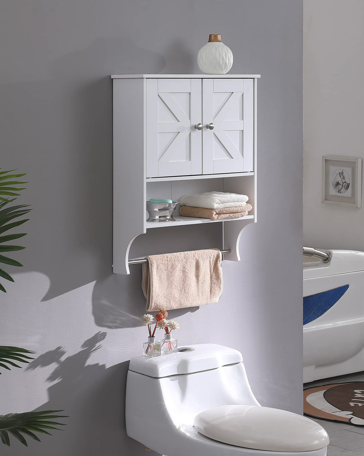 Kavonty Over The Toilet Storage Cabinet,Farmhouse Medicine Cabinet with 2 Door and Adjustable Shelves,21.65 x 7.1 x 27.6 Inches, Bathroom, White Kavonty