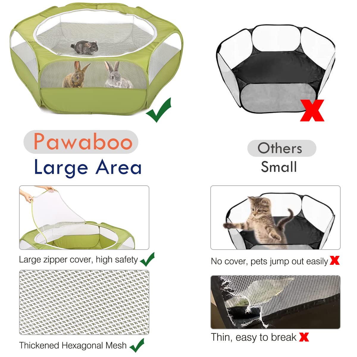 Pawaboo Small Animals Playpen, Waterproof Small Pet Cage Tent with Zippered Cover, Portable Outdoor Yard Fence with 3 Metal Rod for Chick/Kitten/Puppy/Guinea Pig/Rabbits/Hamster/Chinchillas,Green Pawaboo