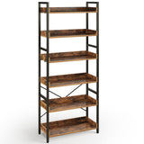 Rolanstar Bookshelf 6 Tier with 4 Hooks, Industrial Wood Bookcase, Vintage Storage Rack with Open Shelves, Rustic Standing Bookshelves Metal Frame Display Rack for Living Room, Bedroom, Rustic Brown Rolanstar