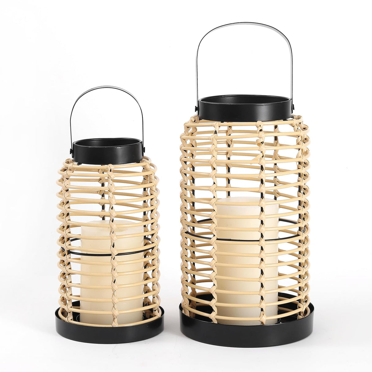 Handwoven Boho Lanterns Set of 2 – Decorative Candle Holders for Living Room, Dining Table Centerpiece, Patio & Porch – Modern Farmhouse & Bohemian Home Décor, Handcrafted Woven Lanterns SUJUN