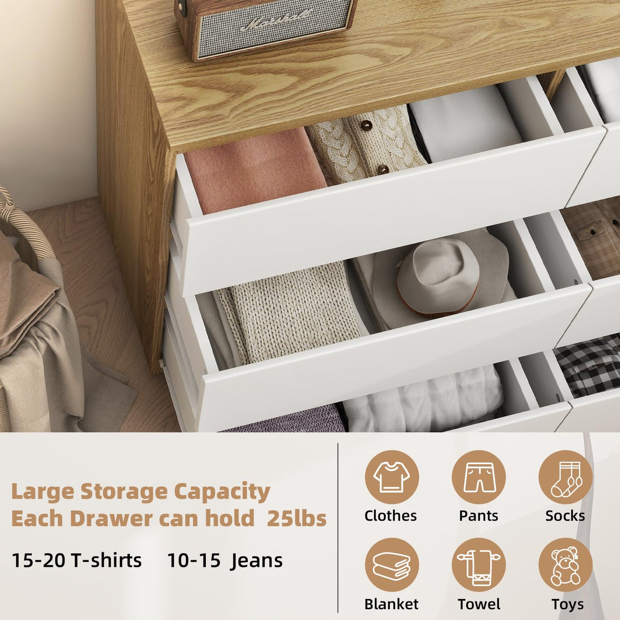 YIGOBUY 6 Drawer Double Dresser, Modern White Wood Chest of Drawers, Wide Natural Wood Dresser for Bedroom, Nursery, Living Room, Large Storage Cabinet YIGOBUY