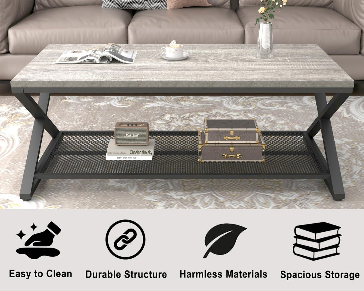 LVB Gray Coffee Table, Farmhouse Wood Metal Center Table with Storage for Living Room, Industrial Wooden 2 Tier Rectangle Cocktail Tea Table with Mesh Shelf for Office Bedroom, 47 inch, Light Grey Oak LVB