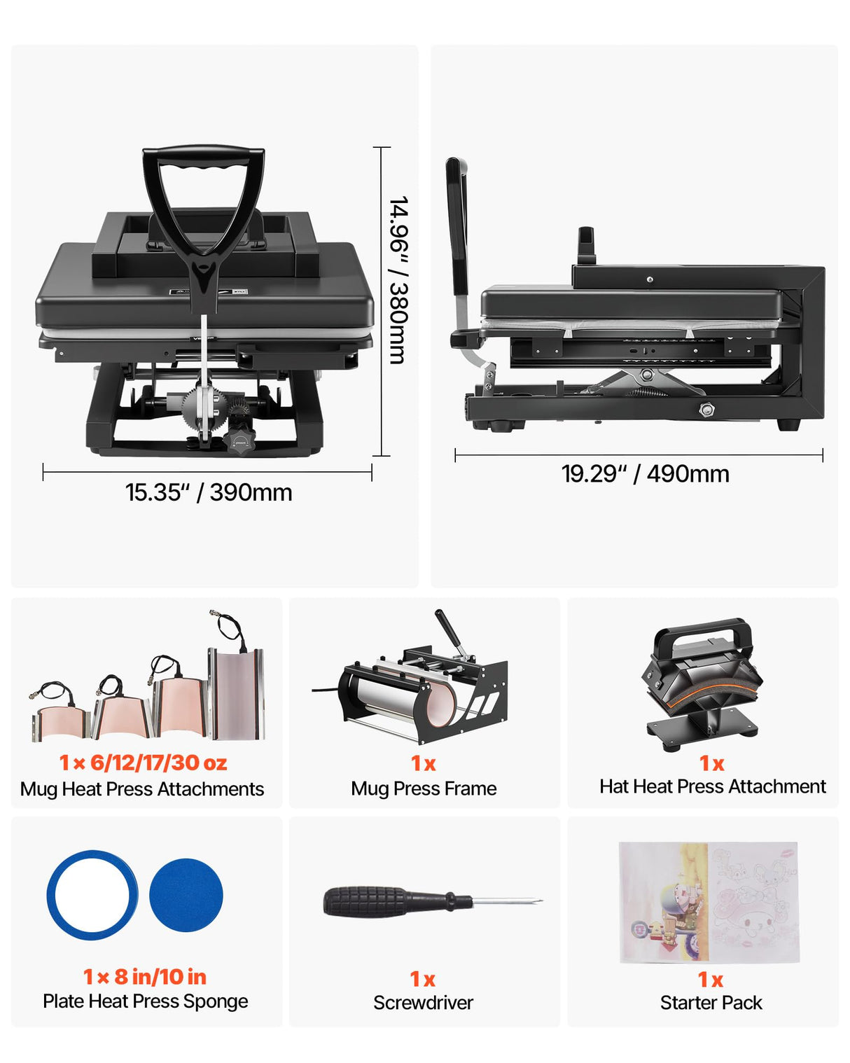 VEVOR Heat Press Machine, 15 x 15 inch, 8-in-1 Multifunction, Heat Up Fast and Even, All-New Patented Design, Easy to Control, Sublimation Press Machine for T-Shirts/Mugs/Tumblers/Caps/Plates, Black VEVOR