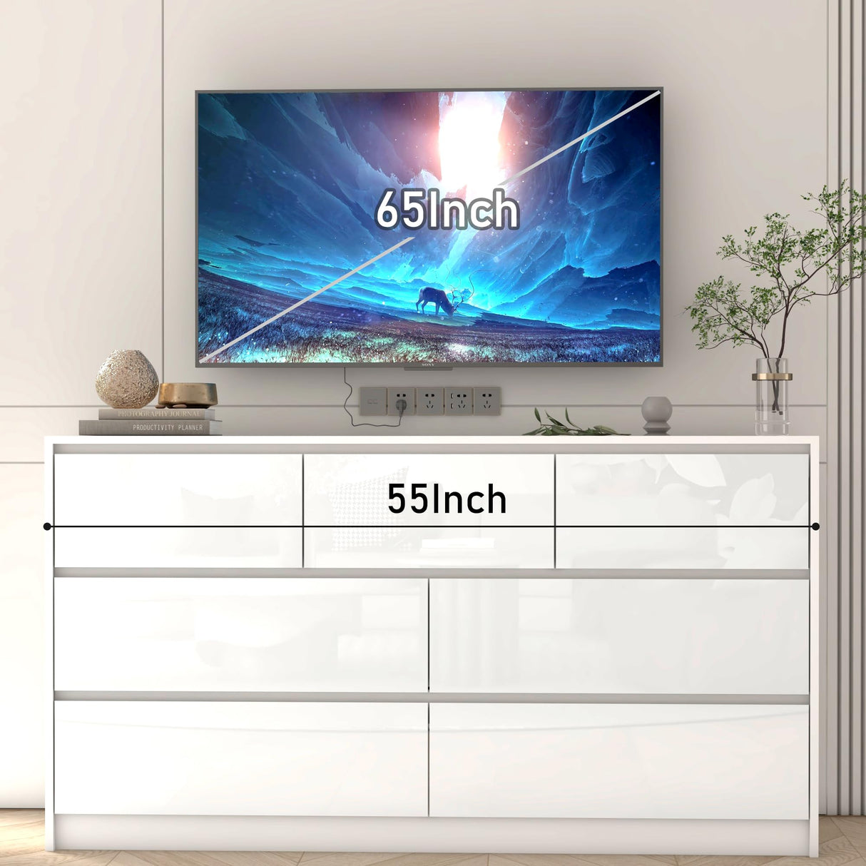 White Malm Dresser for Bedroom, 55 Inch Long Dresser High Gloss Dresser with 7 Drawers, Modern Large Wood Chest of Drawer Handle Free, Dresser for Kids Bedroom, Living Room, Entryway, Hallway, White jiteentarou