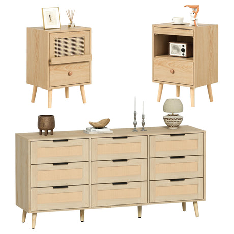 Anbuy 9 Drawer Dresser and Night stand Sets for Bedroom, One Drawer Nightstands Set of 2 & 9 Drawer Dresser Combo 3 Pieces (Natural) Anbuy