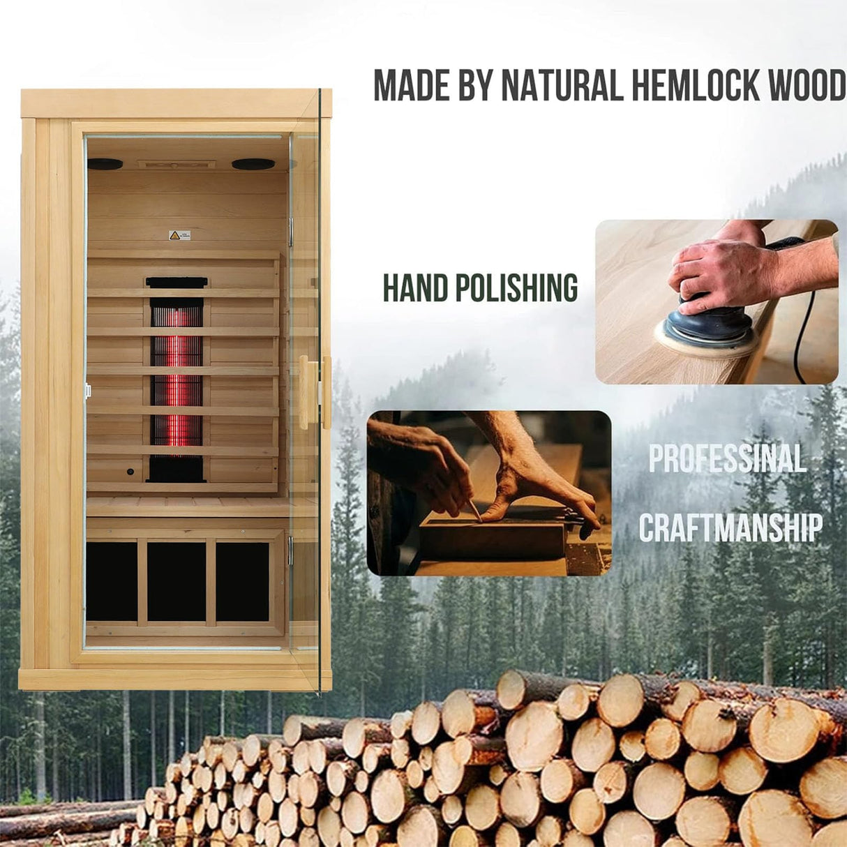 KUNSANA Ceramic Infrared Sauna, 1 Person Infrared Sauna, Hemlock Wood Home Sauna Spa, Far Infrared Sauna Indoor, Low EMF Infrared Saunas for Home with Smart Display, Bluetooth Speaker,1,240 watt KUNSANA