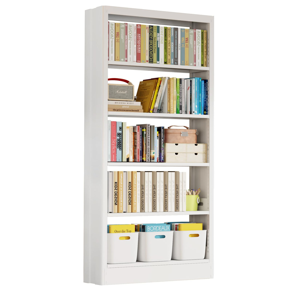 Metal White Bookshelf, 71"H Tall Bookcase with Adjustable Storage Shelves, 5-Tier Heavy Duty Book Shelf, Modern Open Large Book Case for Library, Living Room, Office, including Book Stopper (White) Dyoung