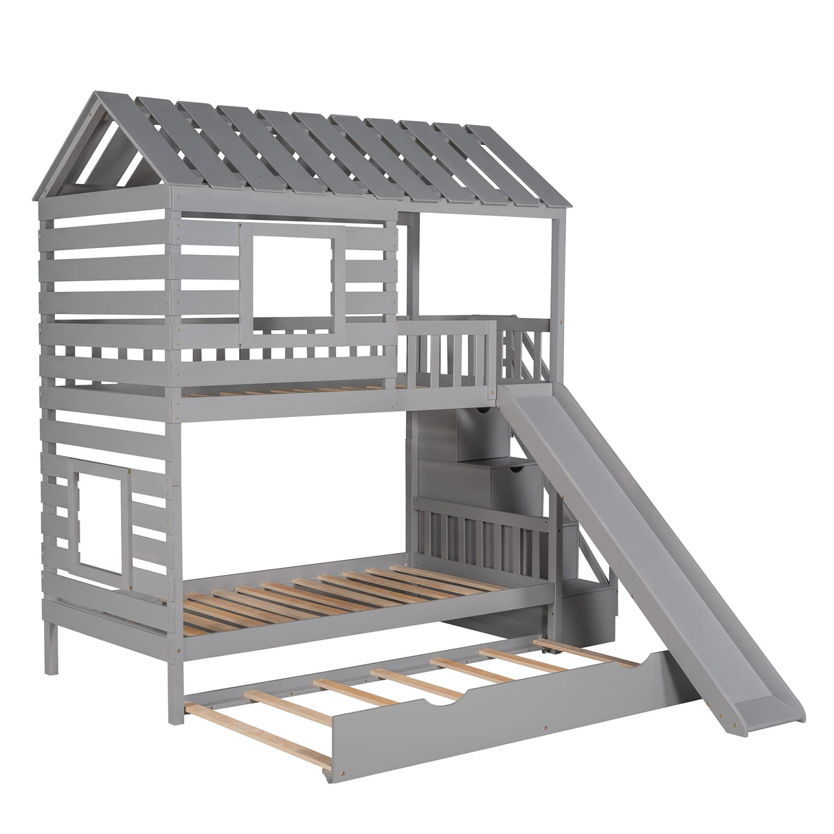 Merax Twin Over Twin House Bunk Bed, Wooden Bed Frame with Trundle and Slide, Storage Staircase, Roof and Window Design, Gray Merax