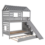 Merax Twin Over Twin House Bunk Bed, Wooden Bed Frame with Trundle and Slide, Storage Staircase, Roof and Window Design, Gray Merax