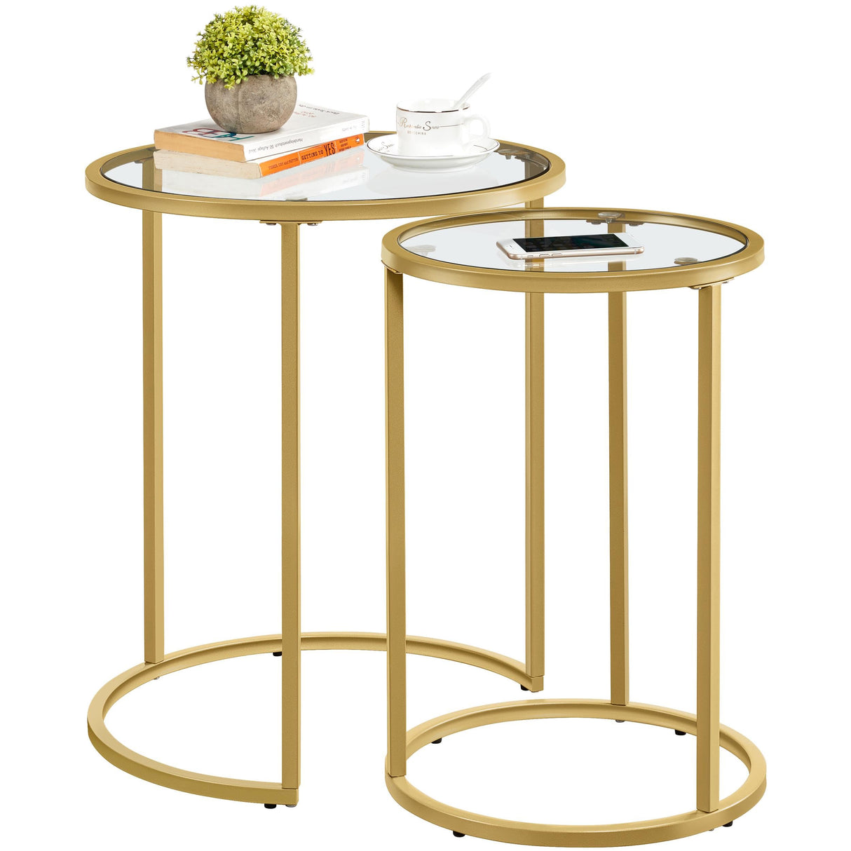 Yaheetech Round Nesting Side Table Stacking Coffee Table, Set of 2 Circular End Tables w/Metal Frame & Tempered Glass Top & Protective Foot Pads for Small Space Living Room Office, Mustard Gold Yaheetech