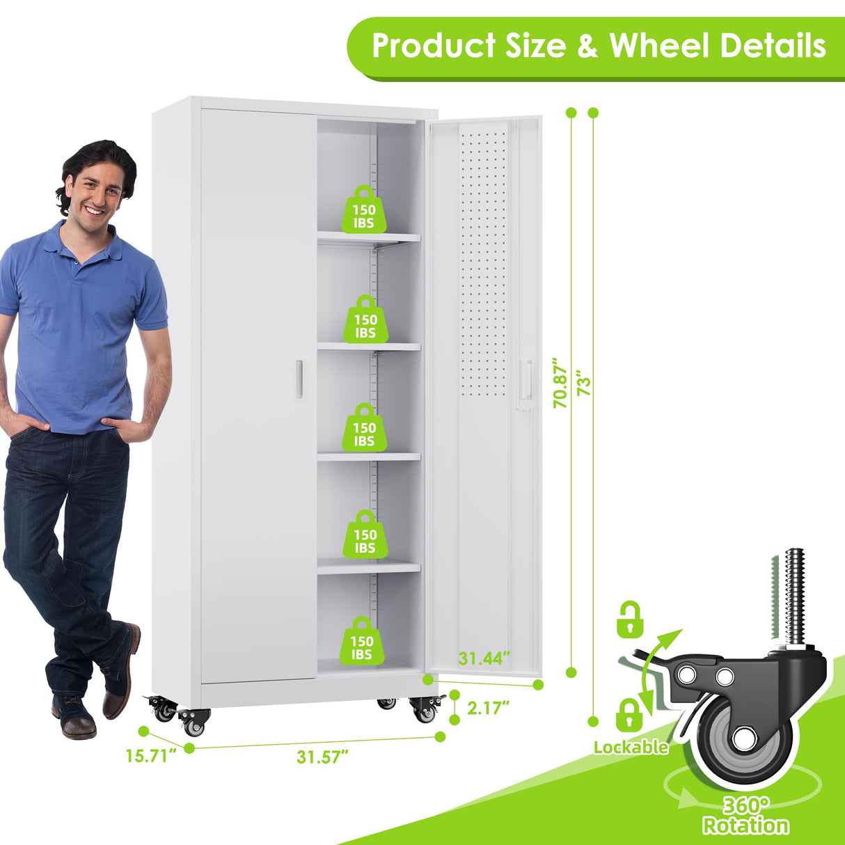 JAORD Garage Storage Cabinets with Wheels and Pegboard, 73" H Metal Storage Cabinet with Locking Doors and 4 Adjustable Shelves for Garage Home, Assembly Required, White JAORD