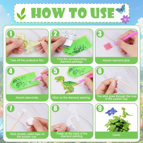 AUAUY 8PCS Dinosaur Diamond Art Kits, Diamond Painting Set for Garden Decor, Dinosaur Diamond Painting Ornaments Accessories, DIY Stakes Diamond Art Kits Crafts Supplies for Adult AUAUY