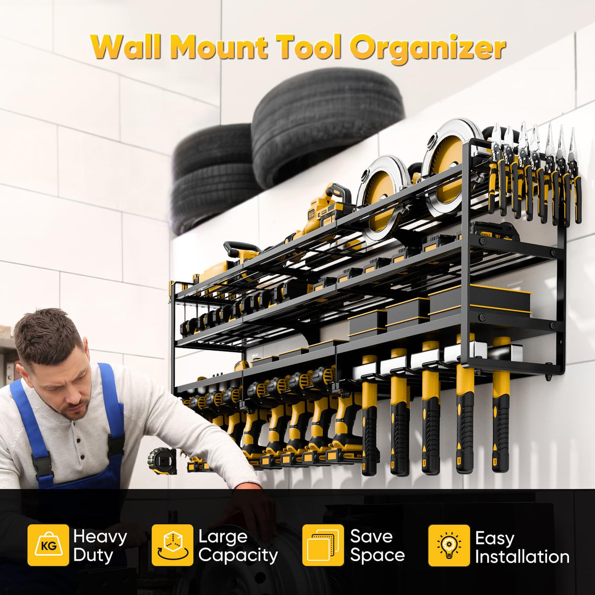 POKIPO Large Power Tool Organizer Wall Mount, Heavy Duty 4 Tier 12 Drill Holder, Garage Tool Organizer and Storage, Suitable Tool Rack for Workshop, Workbench POKIPO