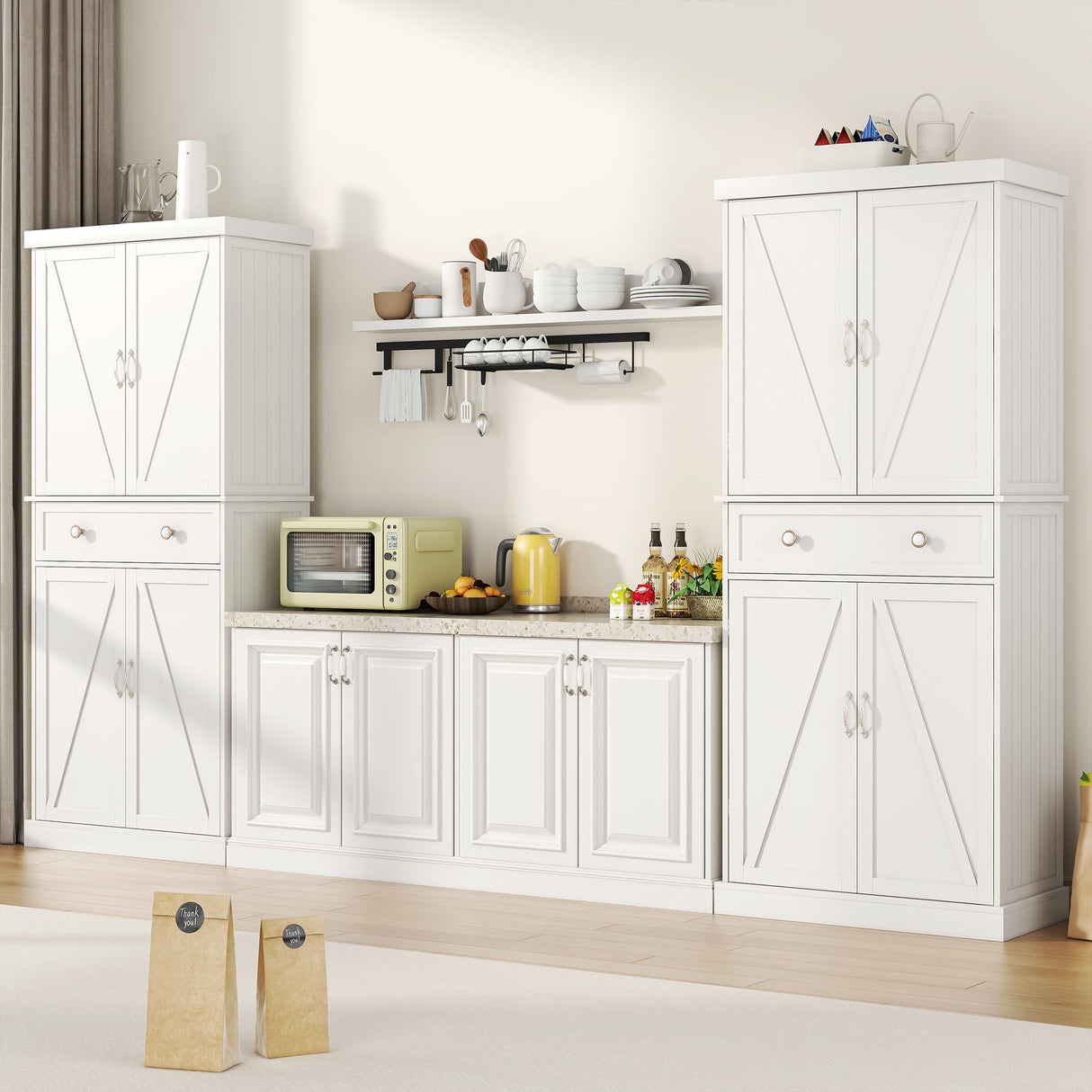 kepptory 72“ Kitchen Pantry Cabinet White, Tall Pantry Storage Cabinet with Adjustable Shelves and Drawer, Kitchen Buffet Cupboards Sideboard for Home Office Use (16" D x 30" W x 72" H) kepptory