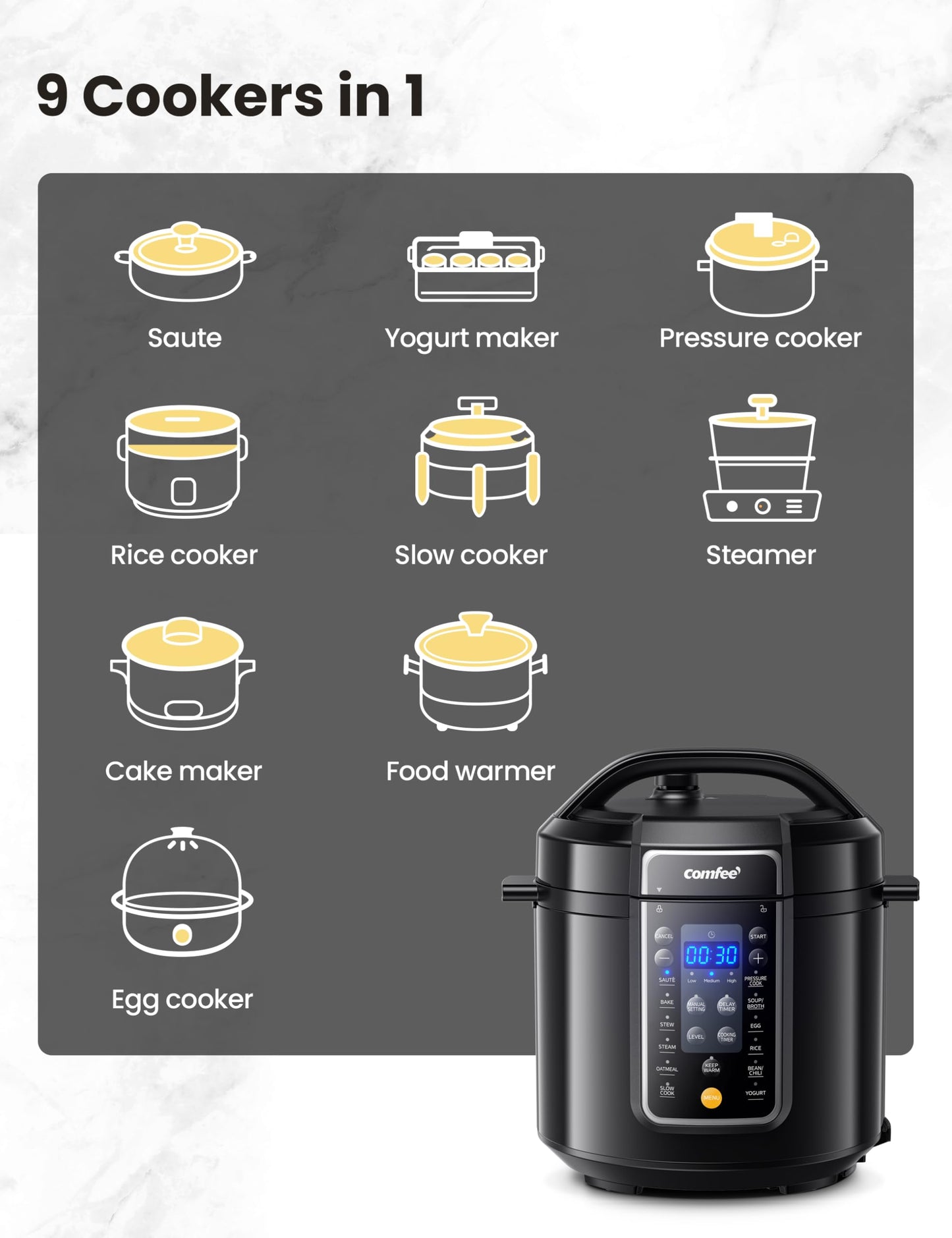 COMFEE’ 9-in-1 Electric Pressure Cooker 13 Presets Instant Multi Cooker Olla de Presion Slow Cooker Rice Cooker Steamer Sauté Yogurt Maker Non-Stick Pot 6 Quart Black, Aluminum