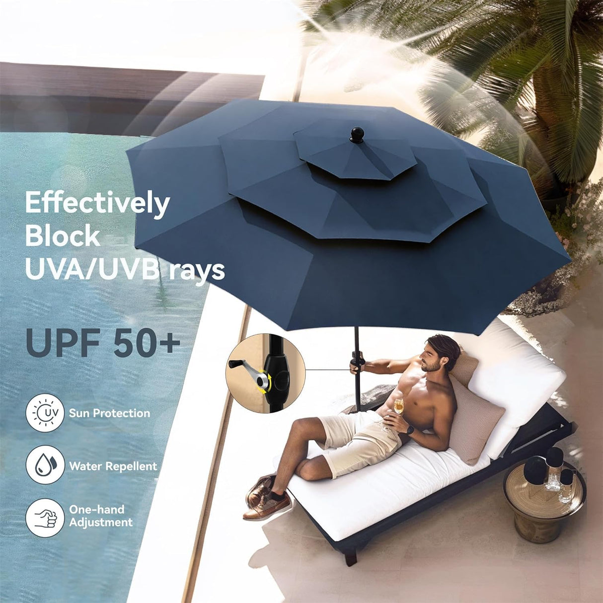 PHI VILLA 5 Piece Outdoor Dining Set with 10ft Umbrella, 37" Square Metal Dining Table & 4 Stacking Metal Chair with 3 Tier Navy Umbrella for Patio, Deck, Yard, Porch PHI VILLA