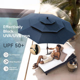 PHI VILLA 5 Piece Outdoor Dining Set with 10ft Umbrella, 37" Square Metal Dining Table & 4 Stacking Metal Chair with 3 Tier Navy Umbrella for Patio, Deck, Yard, Porch PHI VILLA