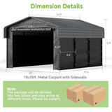 Real Relax 10x15ft Heavy Duty Metal Carport with Galvanized Steel Roof, Removable Sidewalls, Outdoor Car Port Shelter for Cars, Trucks and Boats, Gray Real Relax