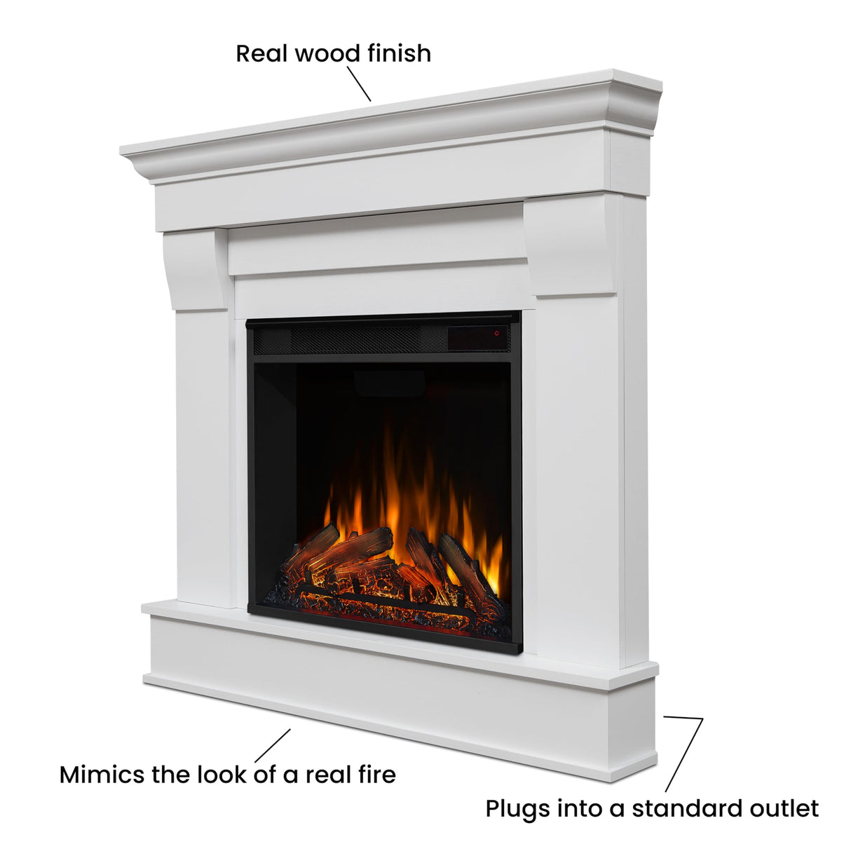 Real Flame Chateau 41" Corner Electric Fireplace with Mantel for Living Room or Bedroom, Replaceable Fireplace Insert Heater, Realistic Log and Flame Effect, Remote Control, Timer, White Real Flame