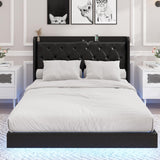 Full Size Floating Bed Frame with LED Lights, Upholstered PU Leather Platform Bed with Charging Station & Button Tufted Headboard Storage, No Box Spring Needed, Black Halitaa