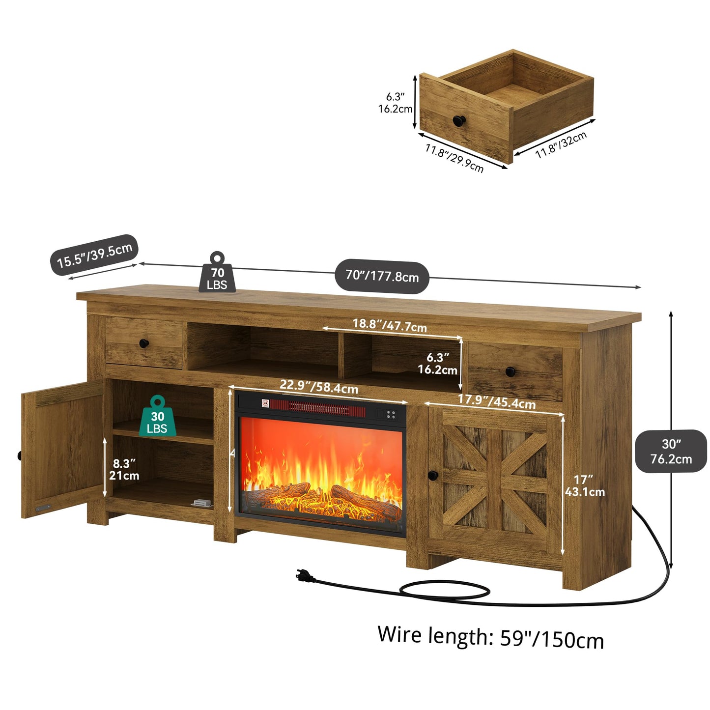 YITAHOME Fireplace TV Stand for TVs up to 80 Inches, Entertainment Center with Fireplace, Farmhouse TV Stands for Living Room, TV Console with Storage Drawers & Cabinets (Rustic Brown 70 Inch)