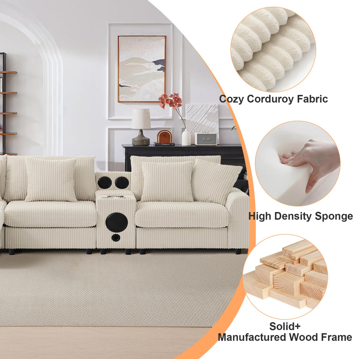 MAKIAAP 114" Corduroy Sectional Modular Couch with Bluetooth Speakers, L Shaped Couches Comfy Deep Sofa with Console, USB Charger, Cup Holders, Storage, Ottoman for Living Room (Beige, 114in) MAKIAAP