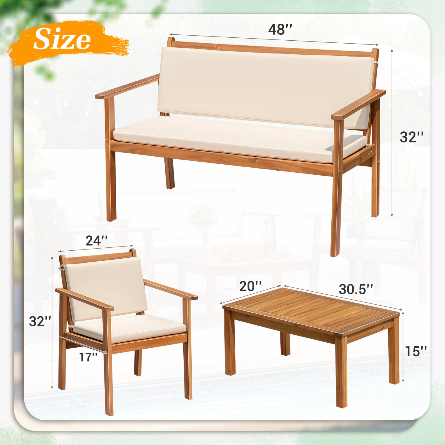 Greesum Outdoor Patio Furniture, 4 Piece Bistro Sofa Set with Coffee Table and Loveseat, Acacia Wood Conversation Sets with Cushions, for Garden, Backyard, Poolside, White Greesum