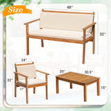 Greesum Outdoor Patio Furniture, 4 Piece Bistro Sofa Set with Coffee Table and Loveseat, Acacia Wood Conversation Sets with Cushions, for Garden, Backyard, Poolside, White Greesum