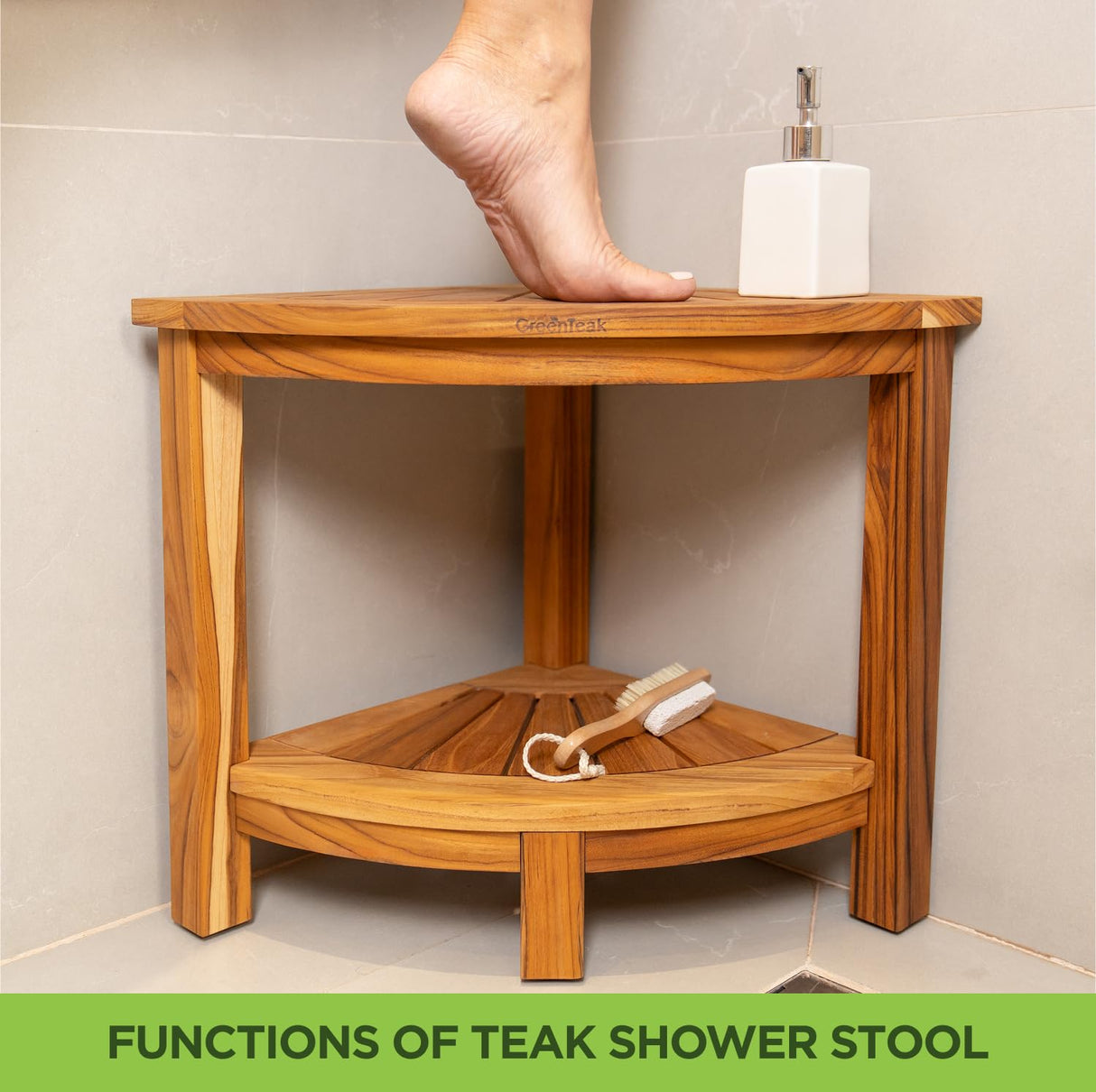 GREENTEAK Premium 15.7" Corner Shower Stool with Storage Shelf, Waterproof Teak Shower Stool for Shaving Legs and to Sit On, 2-Tier Shower Stool, Teak Shower Bench for Bathroom, 300 Lbs Capacity GREENTEAK