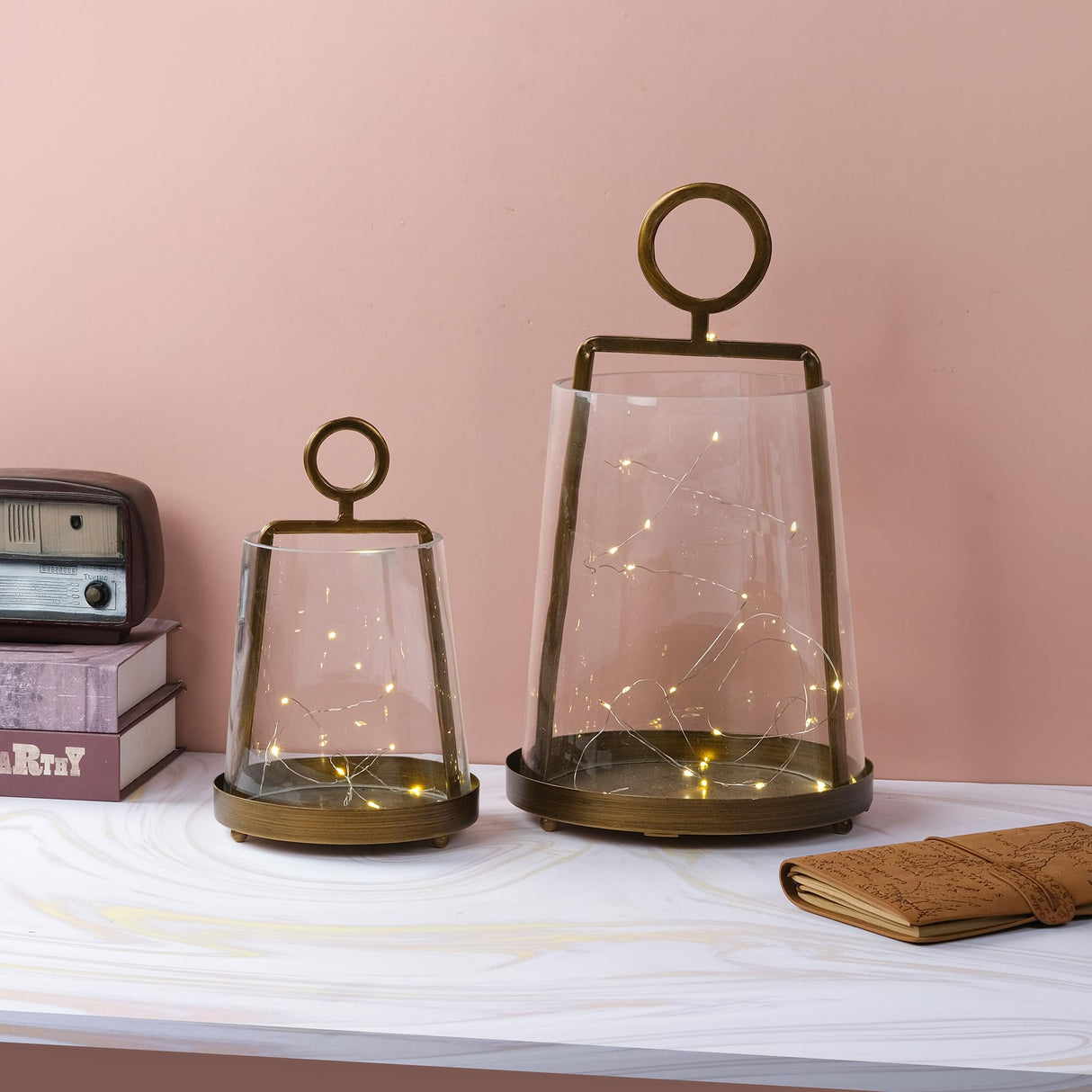 6" Wide Modern Farmhouse Metal Hurricane Candle Holder with Handmade Sturdy Glass Sleeve in Antique Brass for Pillar Candle & Plants, Hurricane Lantern, Industrial, Minimalistic (1, Brass, 6"x10") twakutwaku